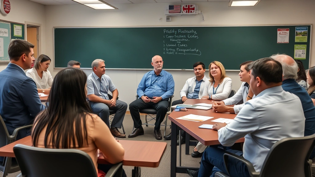 Diverse group of school staff and administrators gathered in meeting room discussing safety procedures and emergency protocols