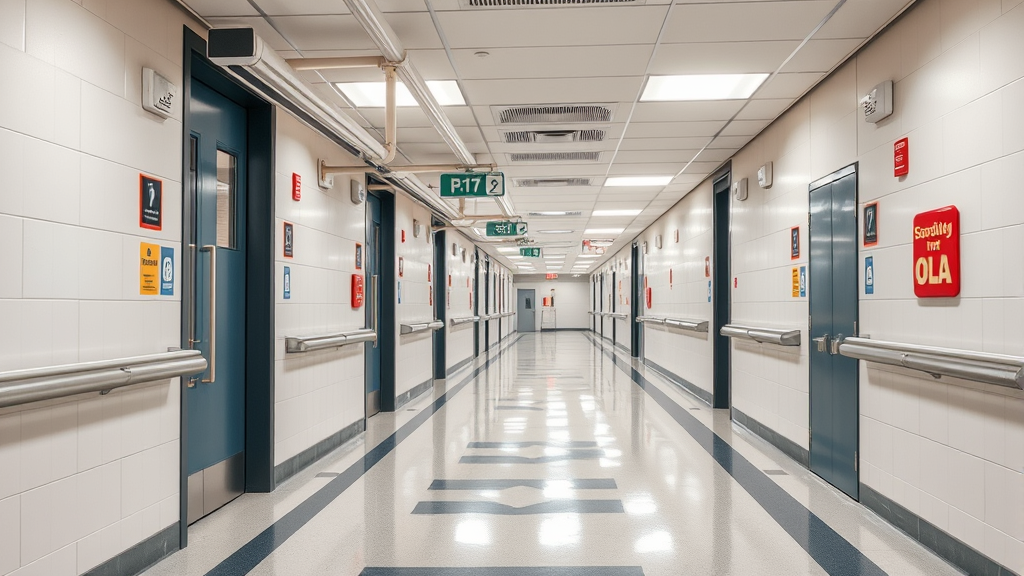 Modern school hallway with safety equipment, bright lighting, clean environment, no text no words no letters