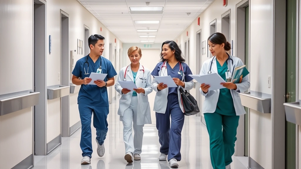 Healthcare professionals working together in a hospital corridor, wearing scrubs and professional attire, checking medical charts and walking with purpose