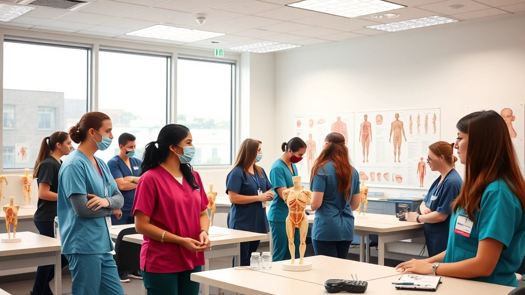 Modern healthcare academy classroom with diverse students wearing scrubs, studying at collaborative stations with medical models and anatomical charts visible, bright natural lighting, professional atmosphere