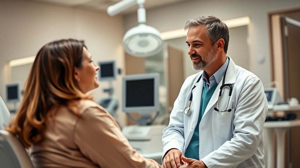 Healthcare professional in clinical setting wearing white coat consulting with patient, modern hospital room with medical equipment, warm lighting, showing compassionate care interaction
