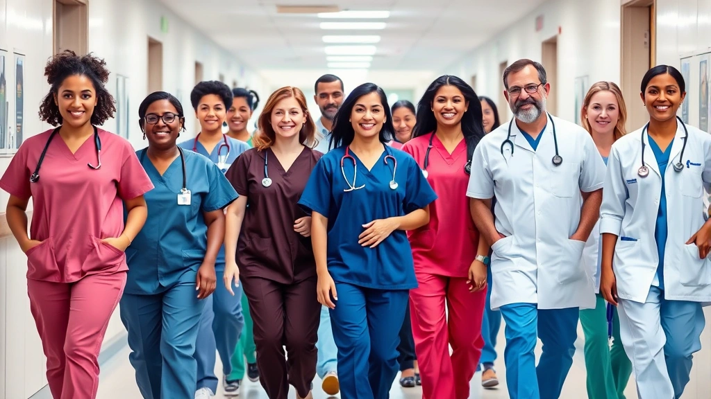 Group of healthcare professionals of different ethnicities in a hospital corridor wearing different colored scrubs representing various medical specialties, walking together confidently, modern facility background