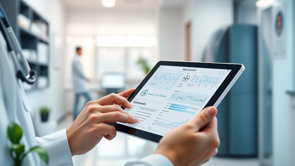 Person reviewing digital medical documents on tablet in modern healthcare office, soft lighting, professional atmosphere, no text visible