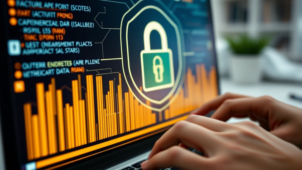 Close-up of secure computer screen showing encrypted data protection interface, hands on keyboard, healthcare setting background blurred