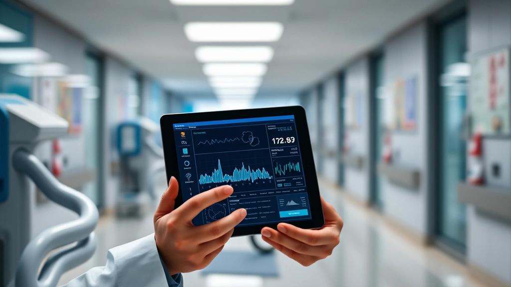 Doctor reviewing digital health records on tablet in modern hospital, secure medical data visualization on screen, professional healthcare setting