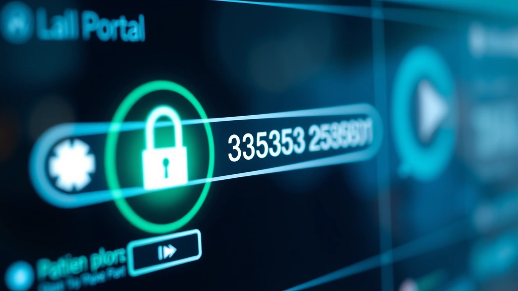 Close-up of secure password entry on patient portal interface, digital security lock icon, modern healthcare technology dashboard
