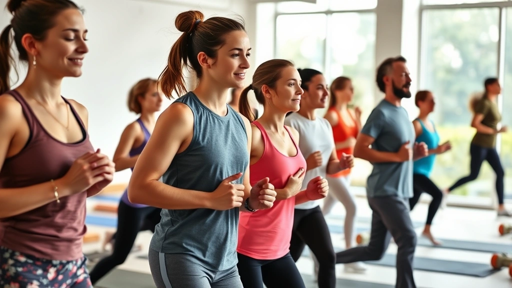 Diverse group of people engaged in wellness activities including yoga, running, meditation, and healthy eating in a bright, modern environment