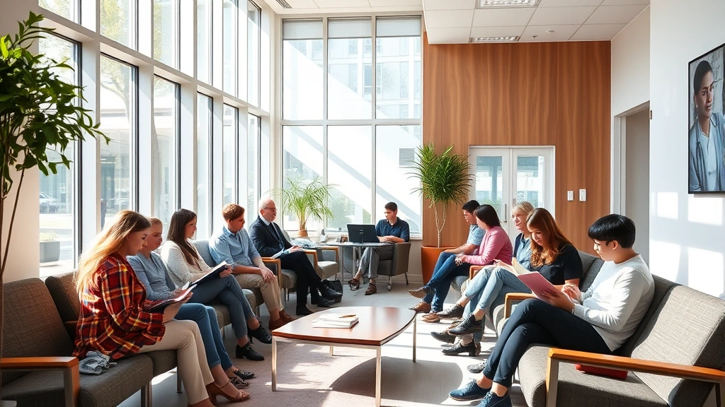 A diverse group of people in a bright, modern healthcare clinic waiting room, some reading, others conversing peacefully, natural lighting through large windows, warm inviting atmosphere
