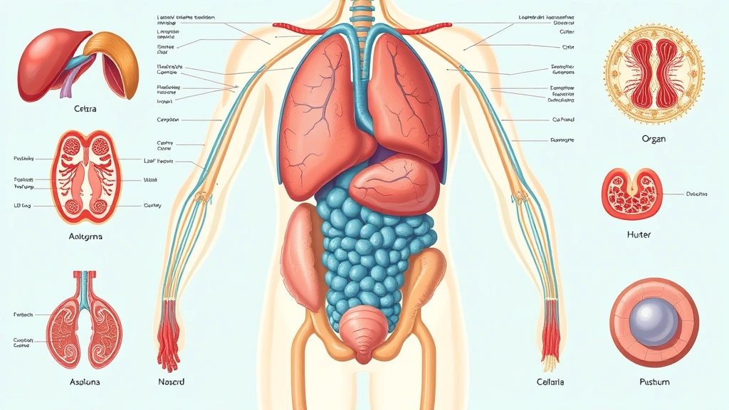 Detailed anatomical illustration showing human organs, systems, and cellular structures with clean, scientific styling and vibrant educational colors