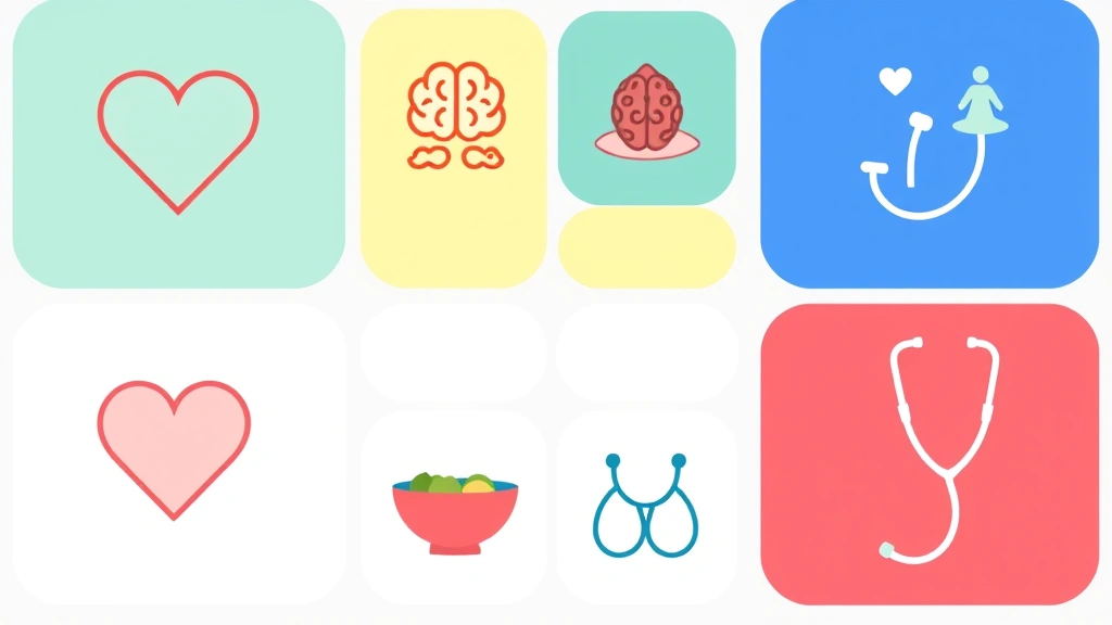 Colorful wellness icons arranged in a grid pattern including heart, brain, meditation symbol, exercise figure, nutrition bowl, and stethoscope, minimalist flat design style