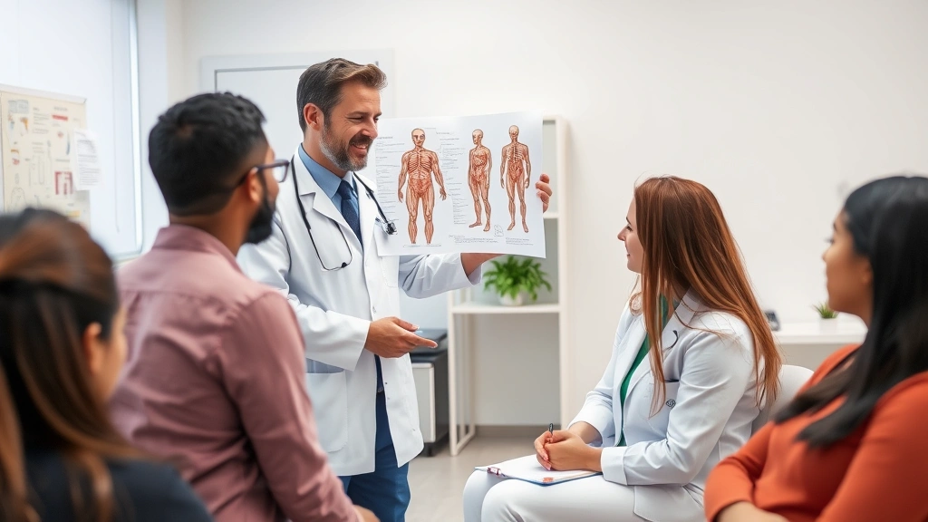 Healthcare professional illustrating anatomical diagram to diverse patients in a modern medical office, collaborative learning environment, calm professional setting