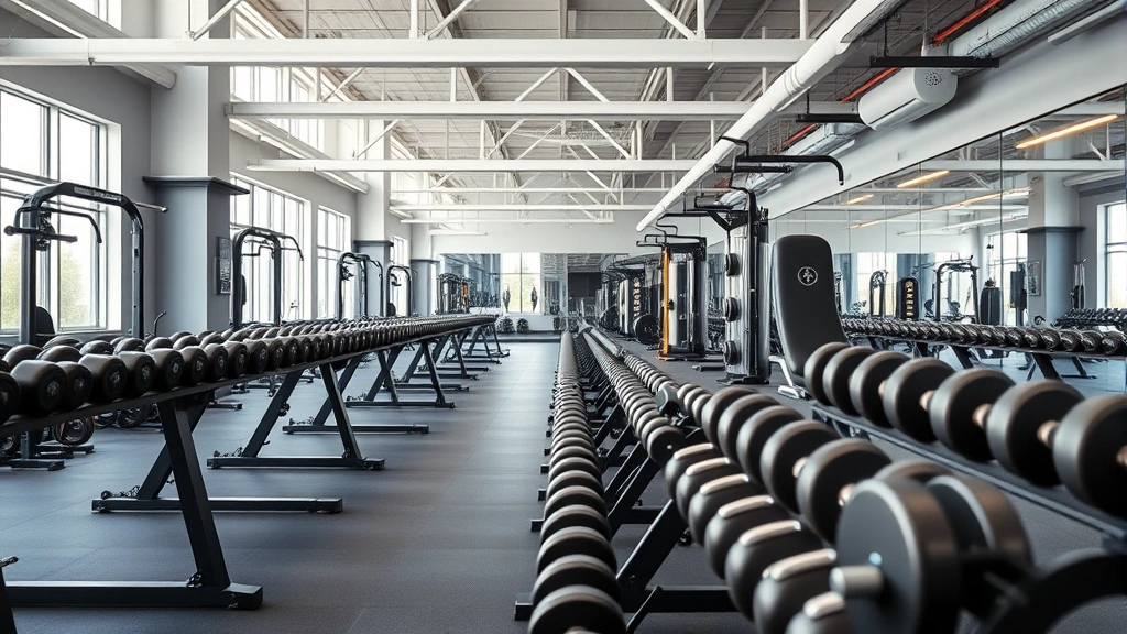 Modern gym interior with free weights, dumbbells, and strength training equipment in bright, clean facility with high ceilings and natural light