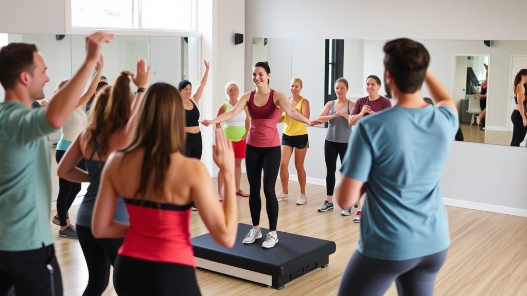 Diverse group of people in energetic group fitness class, instructor leading on platform, participants engaged and motivated in studio setting