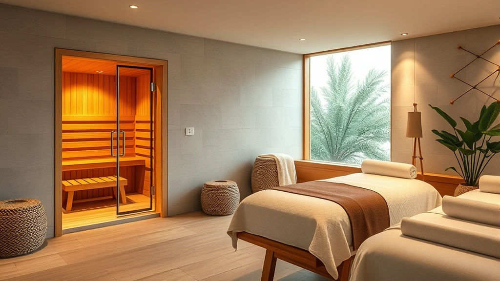 Recovery area with sauna entrance, massage therapy setup, and relaxation space with natural elements and calming atmosphere in wellness facility