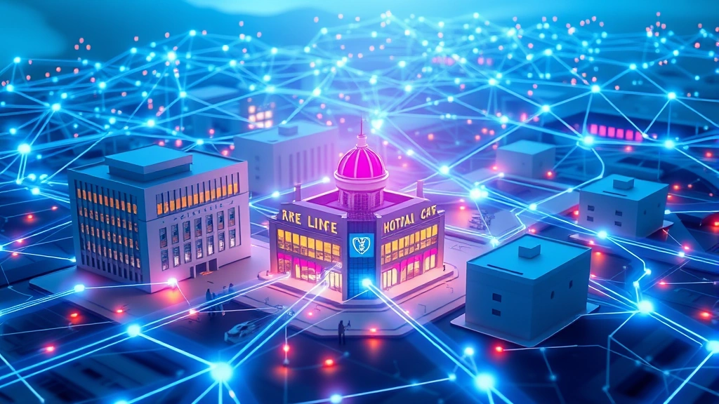 Digital healthcare network visualization showing interconnected medical facilities with flowing data streams, modern hospital buildings connected by glowing lines, professional medical technology aesthetic