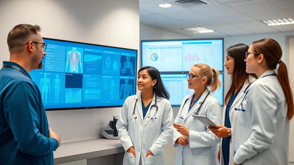 Healthcare professionals collaborating in modern clinic setting with digital screens displaying patient records and health data, diverse team reviewing information together, contemporary medical office environment