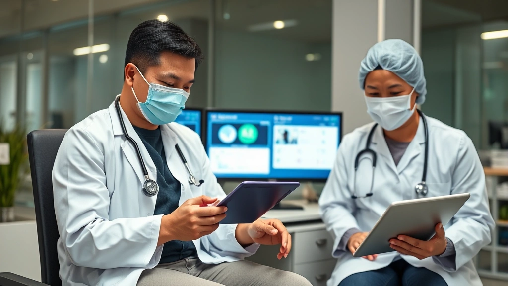 Patient receiving care with digital health records displayed on tablet and computer screens in background, seamless information sharing between providers, modern healthcare delivery setting with technology integration