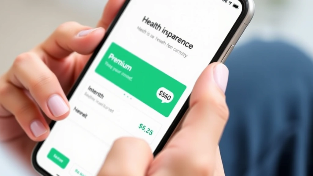 Close-up of a person's hands holding a smartphone displaying a health insurance payment portal interface with premium amount visible, clean modern design aesthetic