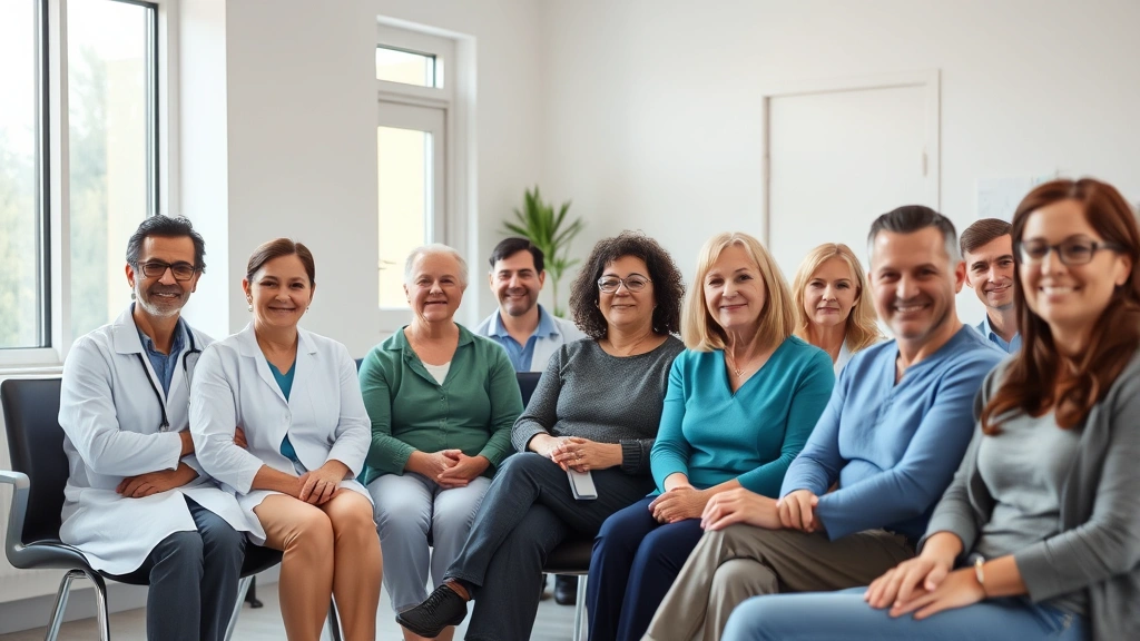 A diverse group of people sitting in a healthcare clinic waiting room, showing various ages and backgrounds, natural lighting from windows, professional medical environment