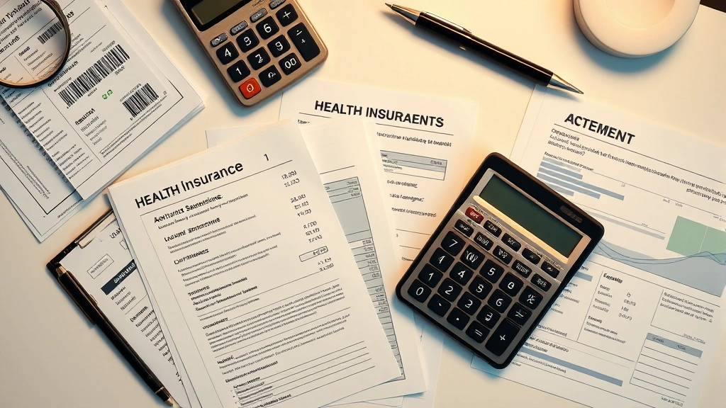 Overhead shot of a desk workspace with bank statements, health insurance documents, calculator, and pen arranged neatly, warm neutral lighting, organized financial planning setup