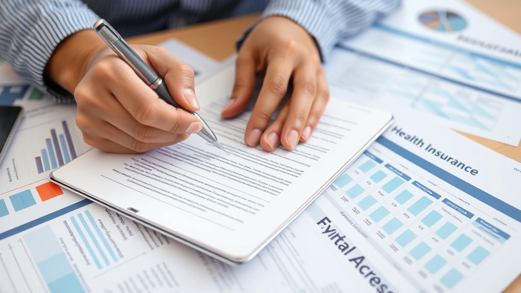 Close-up of hands with notepad and pen, person taking notes while reviewing health insurance documents and comparison charts, organized workspace