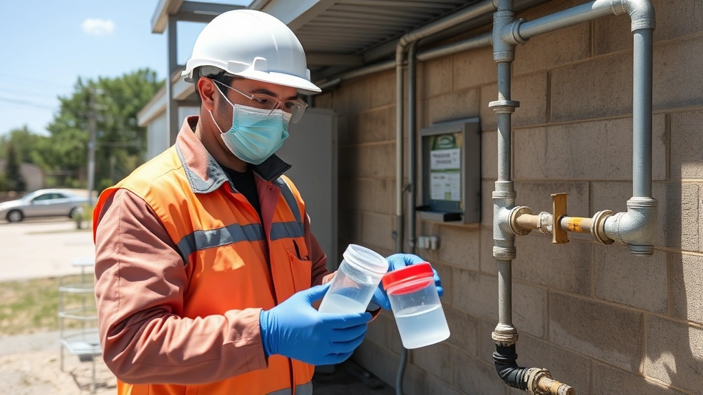 Environmental health specialist collecting water sample from municipal water system, holding testing equipment and sample containers in outdoor facility, daylight