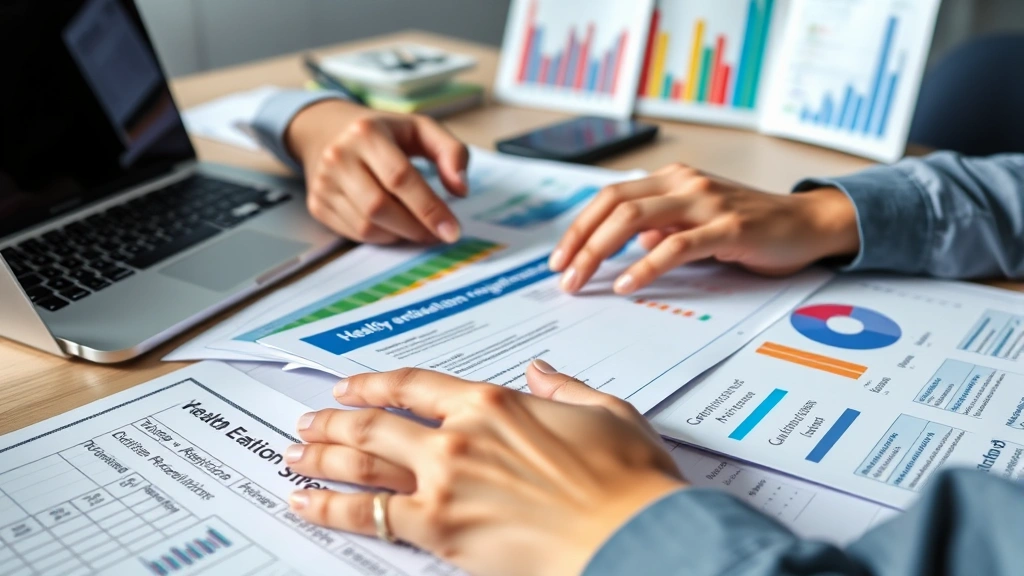 Close-up of hands organizing health education materials and program evaluation documents on a desk with laptop and charts visible