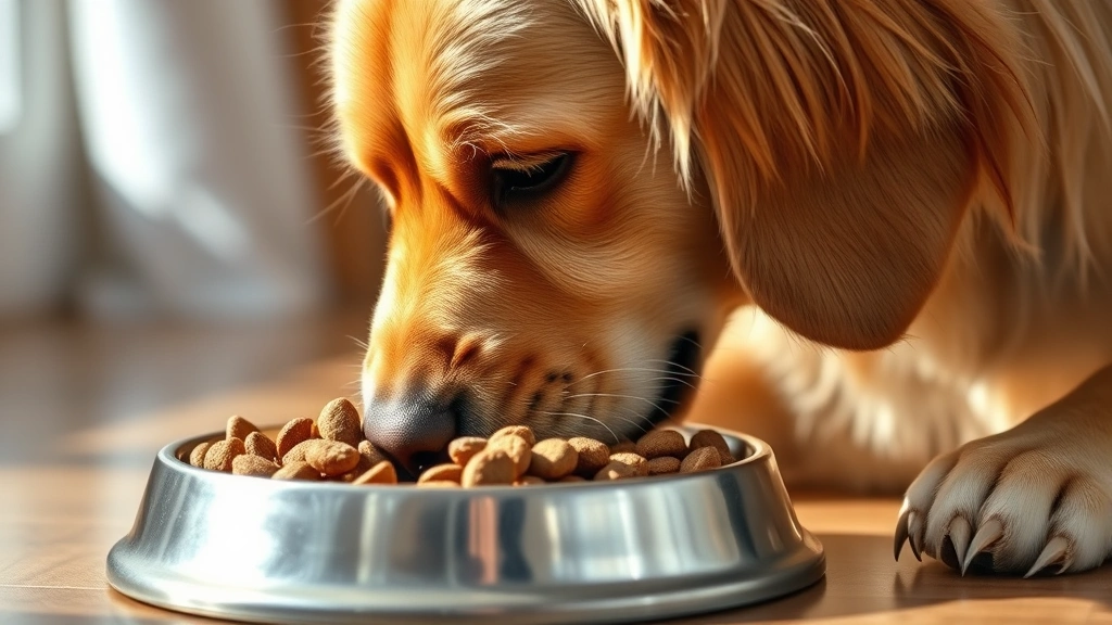 Golden retriever eating from a stainless steel bowl filled with premium kibble, natural lighting from side, close-up of food and dog's face, warm and inviting atmosphere