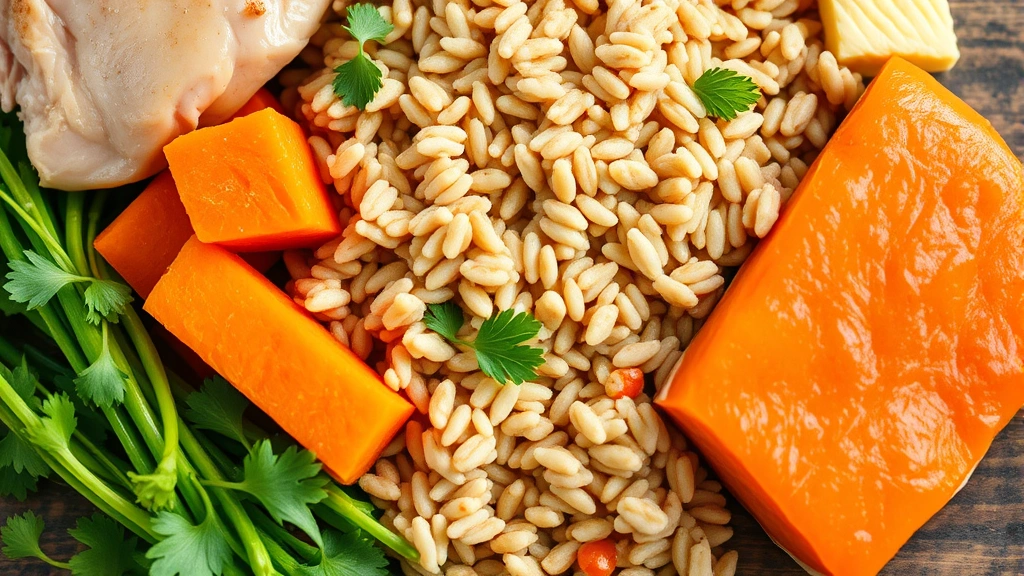 Close-up of various whole food dog food ingredients - chicken breast, brown rice, sweet potato, salmon, and vegetables arranged on wooden surface, appetizing and fresh