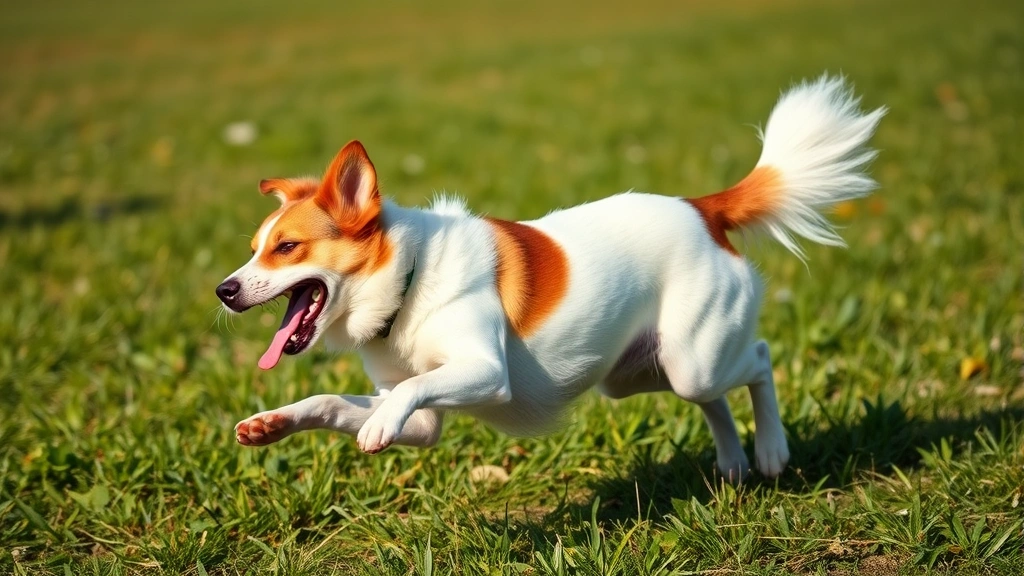 Mixed breed dog playing energetically outdoors in grassy field, athletic movement captured mid-action, joyful and vibrant expression, natural daylight