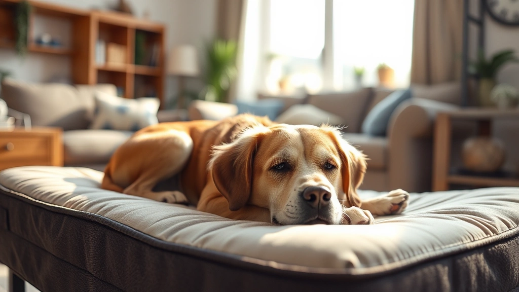 Senior dog resting comfortably on orthopedic bed in sunlit living room, peaceful expression, showing healthy coat and calm demeanor, reflecting wellness and comfort