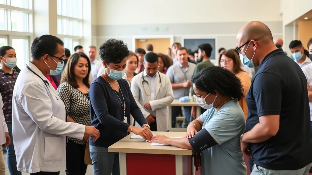 Diverse group of people at a wellness event receiving blood pressure checks from healthcare professionals in a bright, modern community center setting