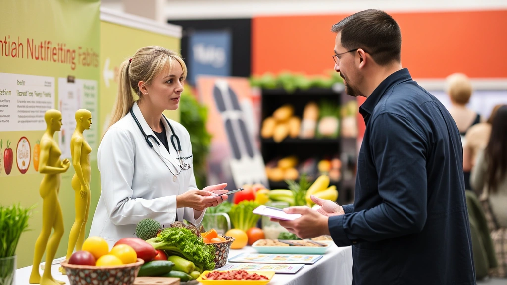 Professional nutritionist consulting with a person about healthy eating habits at a health fair booth with colorful food models