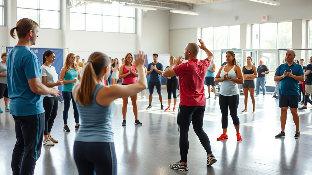 Fitness instructor demonstrating proper exercise form to multiple participants in a spacious, well-lit health fair venue with natural lighting