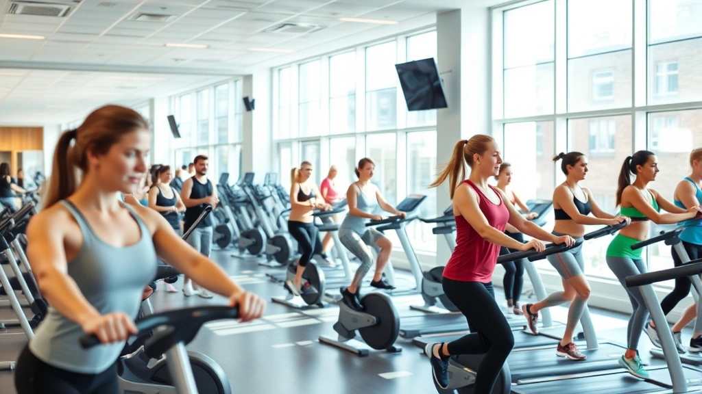 Modern bright fitness facility interior with diverse people of different ages exercising on equipment, natural lighting from windows, clean contemporary design with motivational atmosphere