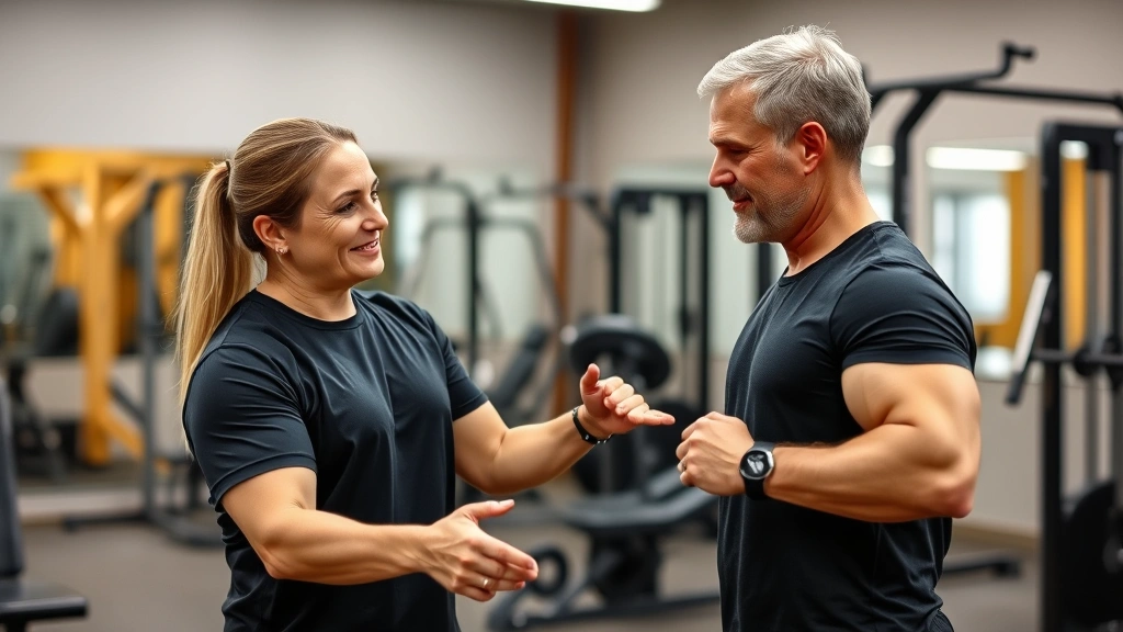 Certified fitness trainer demonstrating proper form to middle-aged client during strength training session, professional gym setting with equipment visible in background, encouraging interaction