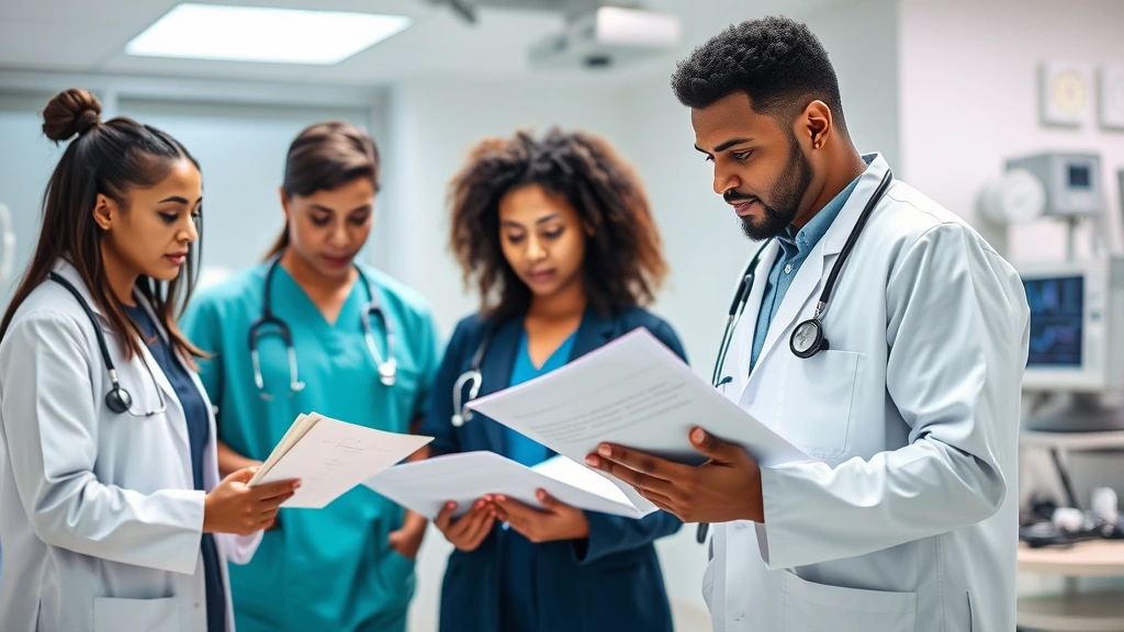 Professional healthcare setting with diverse medical staff reviewing patient charts and health records, modern clinical environment with bright lighting and medical equipment