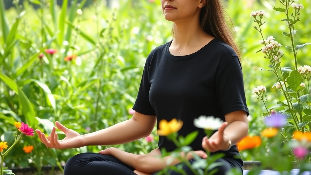 Person meditating peacefully in natural outdoor setting surrounded by green plants and flowers, embodying wellness and mental health practices