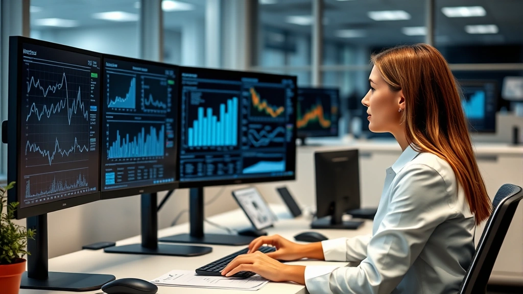 Professional woman at desk viewing multiple computer monitors displaying medical data charts and graphs in modern healthcare office setting