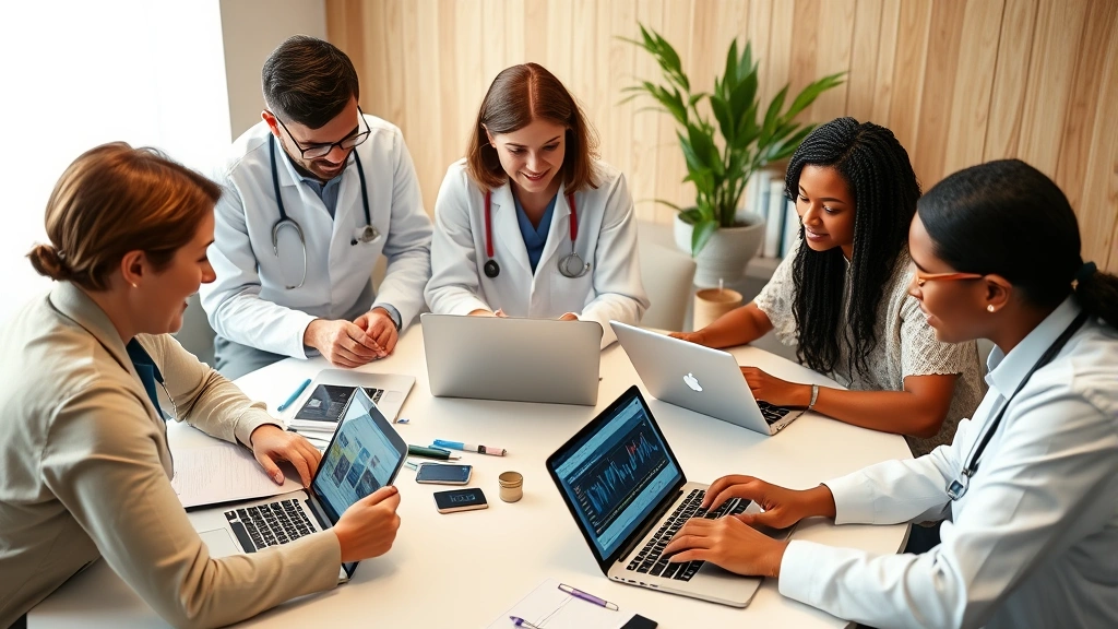 Diverse healthcare team collaborating around a table with laptops and digital tablets showing patient records and health data analytics