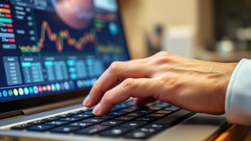Close-up of hands typing on keyboard with blurred electronic health record system interface visible on computer screen in background