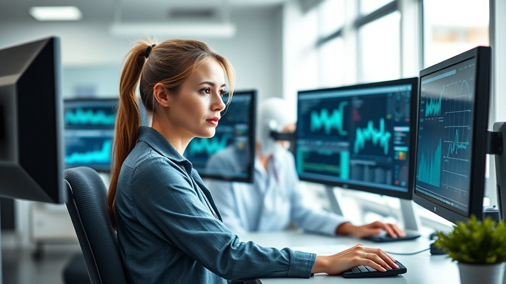 Professional woman analyzing healthcare data on multiple computer monitors in modern hospital IT department office, focused expression, natural lighting