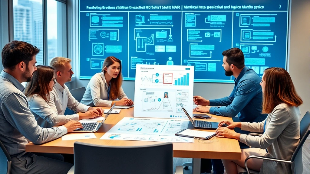 Team of diverse healthcare IT professionals in collaborative meeting around conference table reviewing digital health system architecture diagrams