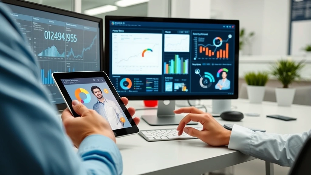 Person reviewing data analytics on tablet and desktop screens showing healthcare metrics, charts and patient information in clean medical office environment