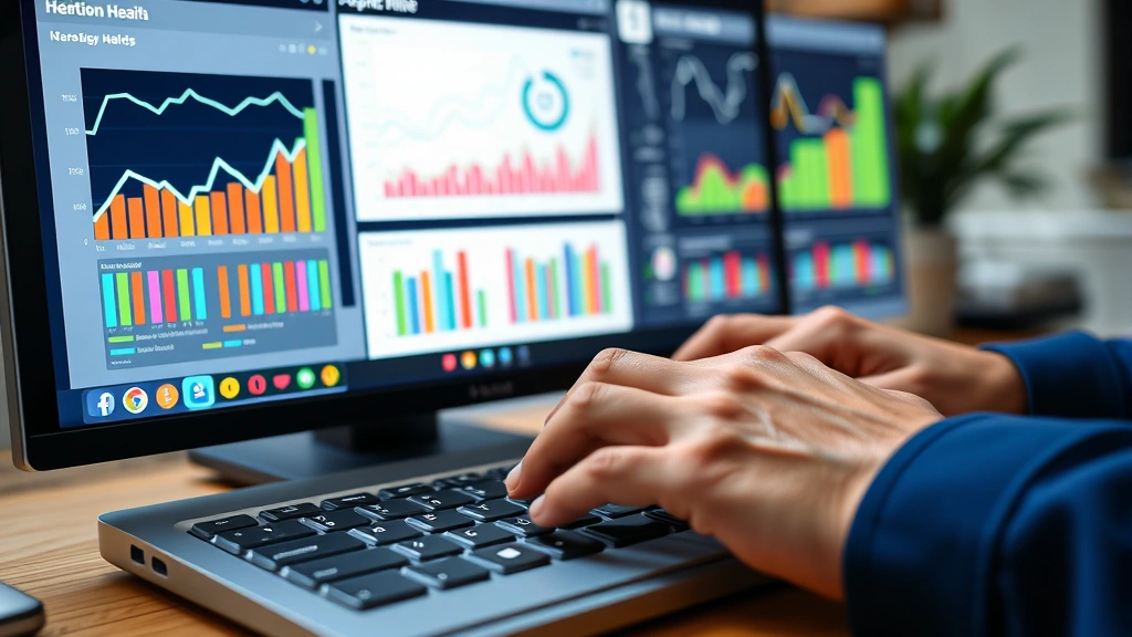 Close-up of hands typing on keyboard with healthcare dashboard displaying patient data analytics and medical charts on computer screen