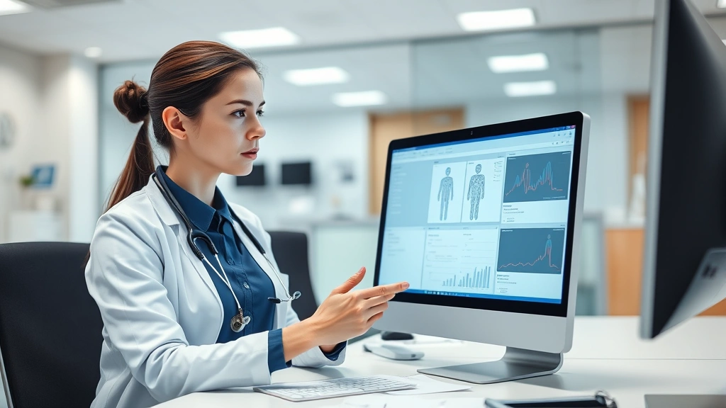 Professional woman reviewing digital patient records on computer screen in modern hospital office setting, focused expression, medical documents visible