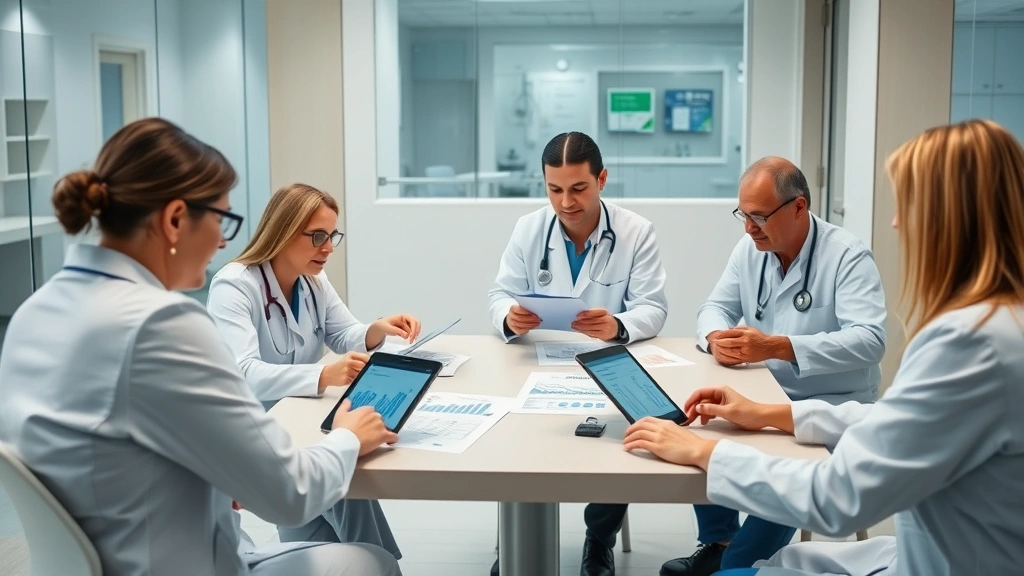 Team of healthcare professionals collaborating around a conference table with tablets and laptops, analyzing data charts and reports, modern clinic environment