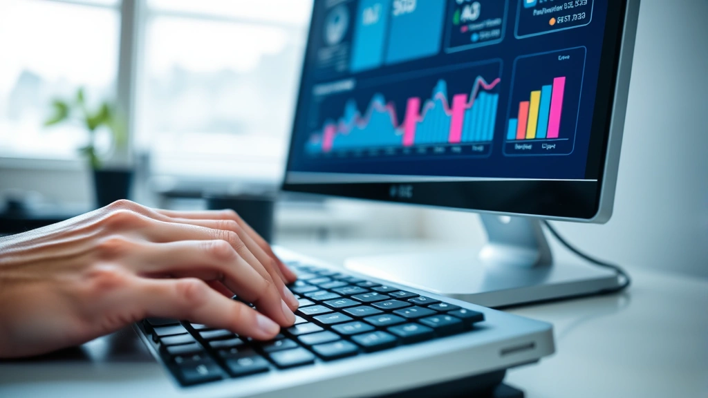 Close-up of hands typing on keyboard with health data dashboard displayed on monitor, showing charts and medical information systems interface