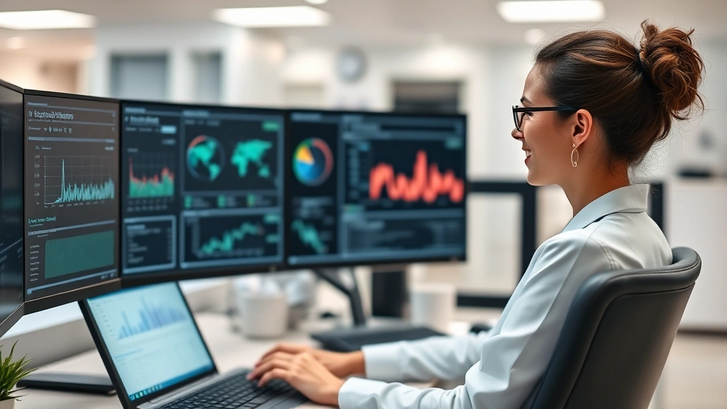 Professional woman working at computer in modern hospital health information management office with multiple monitors displaying patient records and data analytics dashboards, clinical setting background
