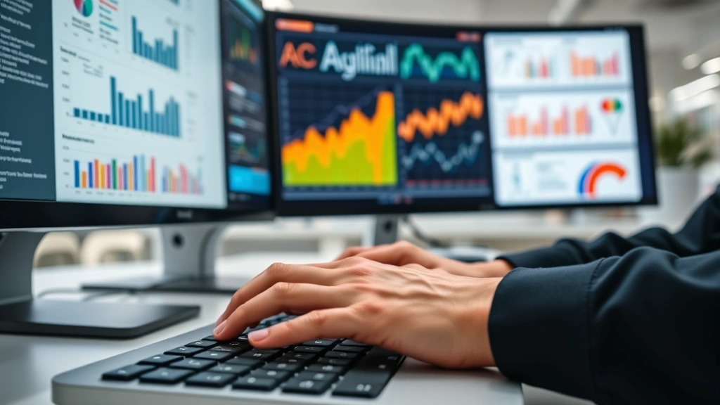 Close-up of hands typing on keyboard with health data charts and medical records visible on dual monitors in a bright healthcare facility workspace with contemporary office design